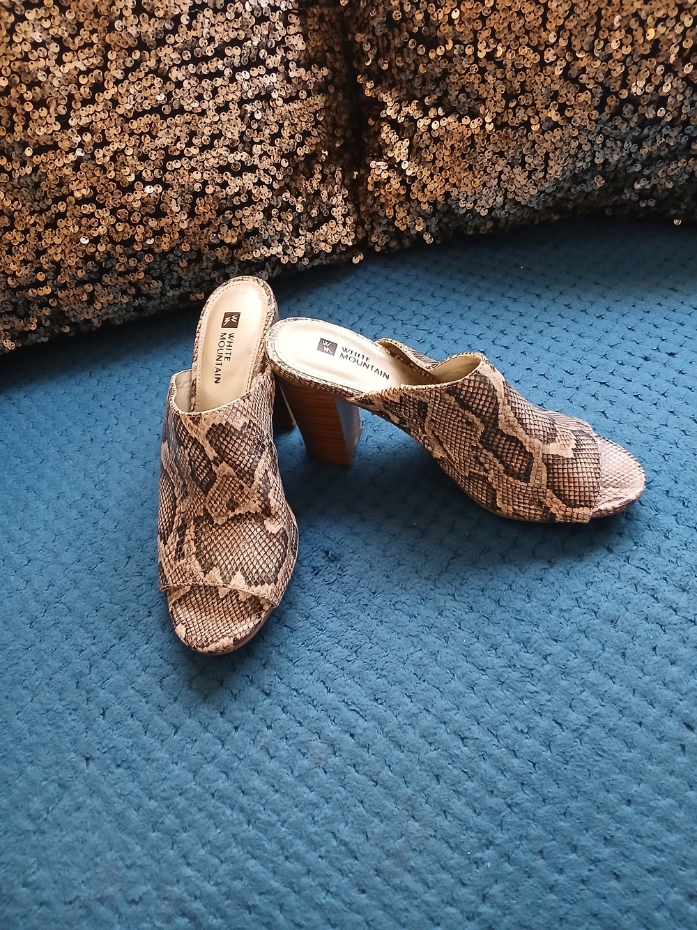 White Mountain Snake-Print Open Toe Mule Heels - Brown/Tan 7.5